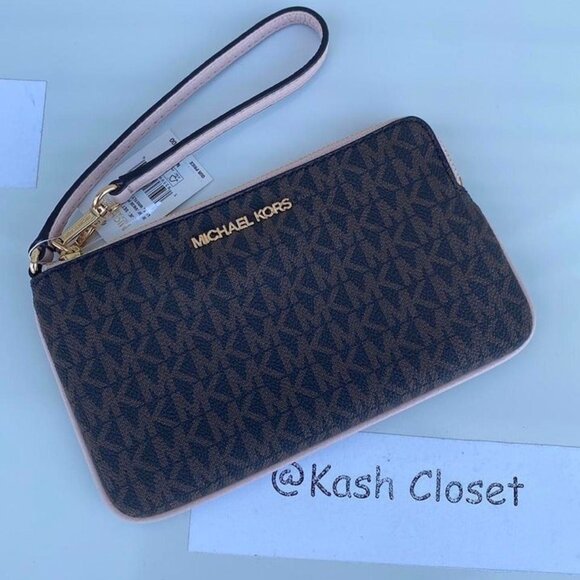 Michael Kors wristlet JST large MK Signature top zip bag Brown Powder Blush - Picture 1 of 4